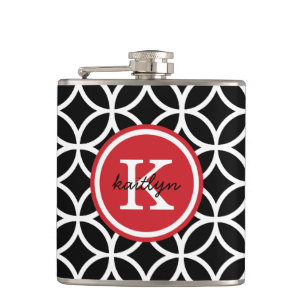 Black and Red Geometric Diamonds Custom Monogram Hip Flask
