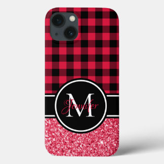 Black and Red Glitter Buffalo Plaid Monogram iPhone 13 Case
