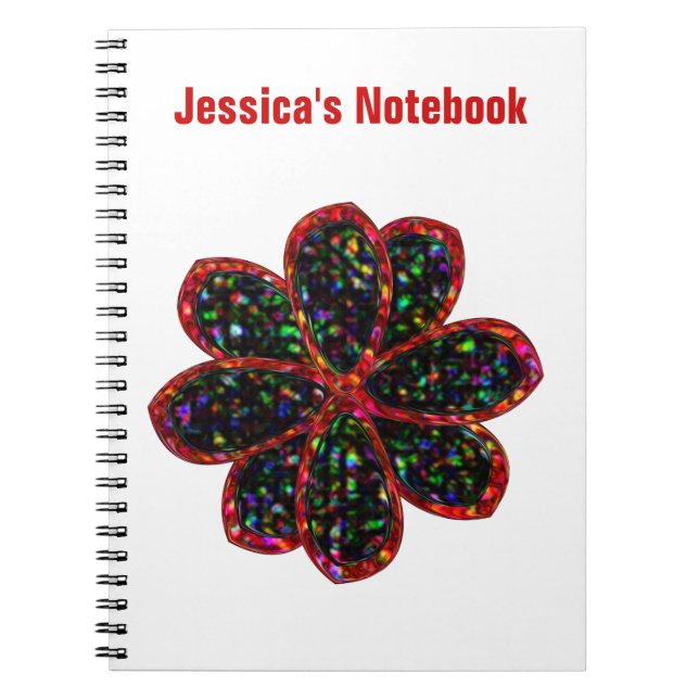 Black and Red Glitter Flower Customisable Notebook (Front)