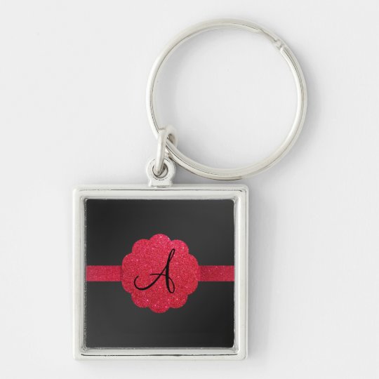 Black and red glitter monogram Silver-Colored square key ring