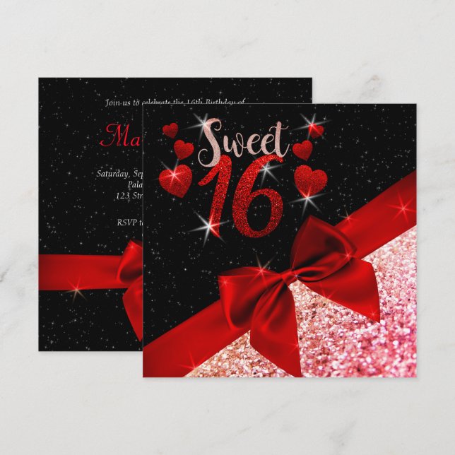 Black and Red Glittery Sweet 16 Invite (Front/Back)