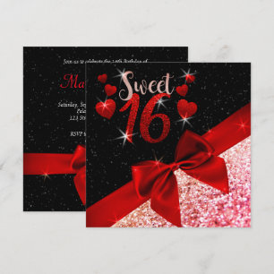Black and Red Glittery Sweet 16 Invite