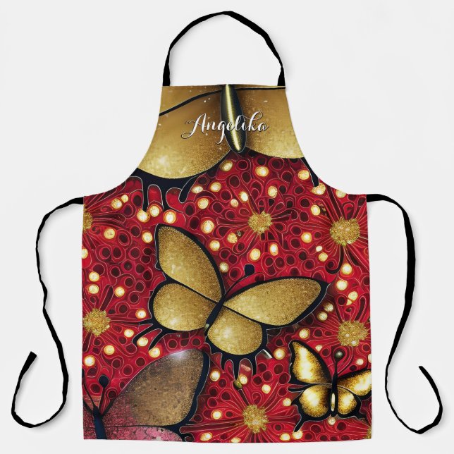 Black and Red Gold Glitters Butterflies Custom Apron (Front)