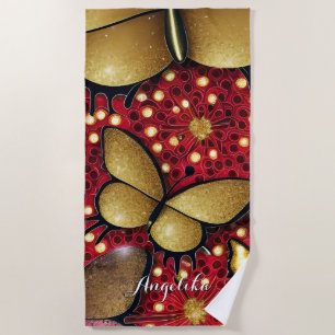 Black and Red Gold Glitters Butterflies Custom Beach Towel