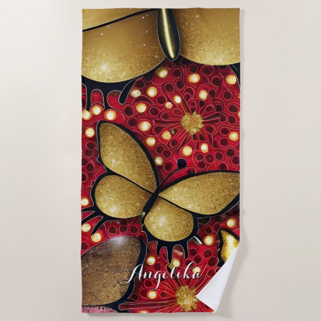 Black and Red Gold Glitters Butterflies Custom Beach Towel (Front)