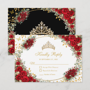 Black and Red Golden Butterfly Quinceañera RSVP Card