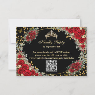 Black and Red Golden Butterfly Quinceañera RSVP Card
