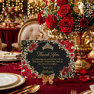 Black and Red Golden Butterfly Quinceañera Thank You Card