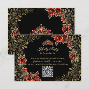 Black and Red Golden Tiara Roses Quinceañera RSVP Card