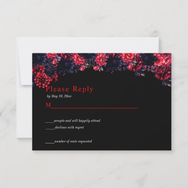 Black and Red Gothic Floral Dark RSVP Card (Front)