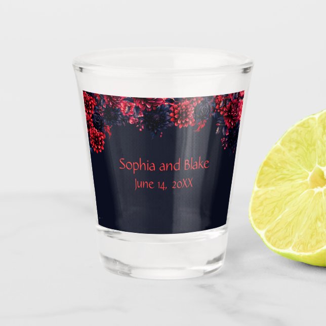 Black and Red Gothic Floral Dark Wedding Favour Shot Glass (Front)