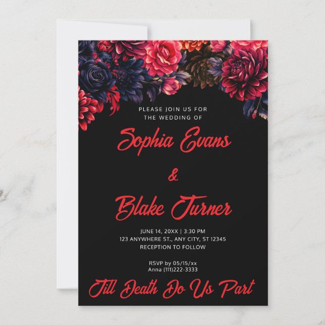 Black and Red Gothic Floral Dark Wedding Invitation (Front)