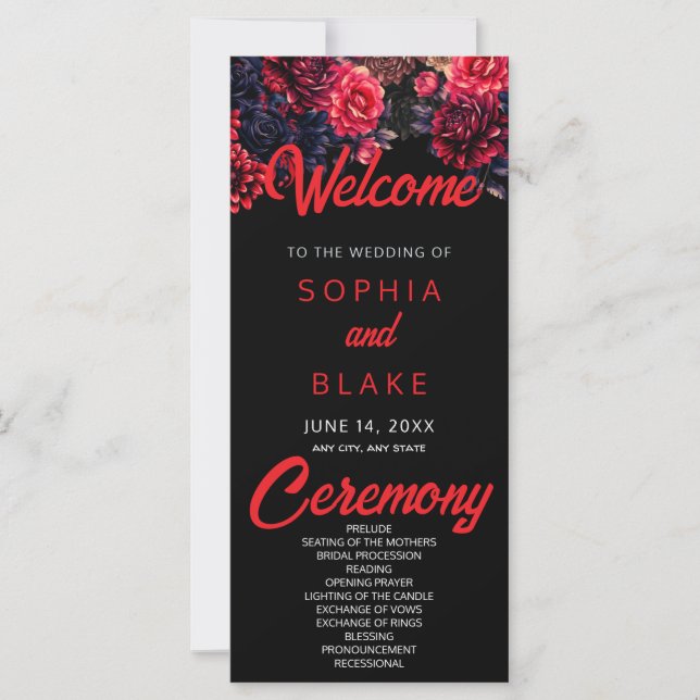 Black and Red Gothic Floral Dark Wedding Program (Front)