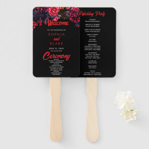Black and Red Gothic Floral Dark Wedding Program Hand Fan