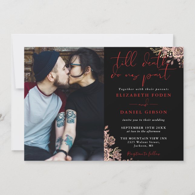 Black And Red Gothic Roses Floral Photo Wedding Invitation (Front)
