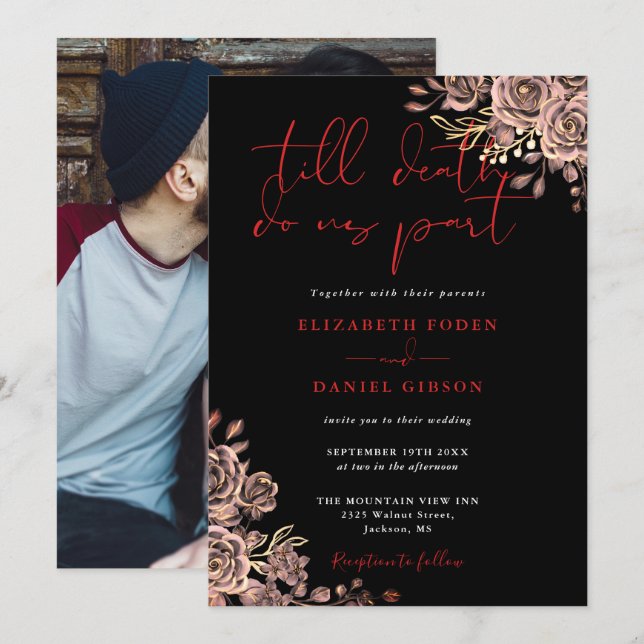 Black And Red Gothic Roses Floral Photo Wedding Invitation (Front/Back)