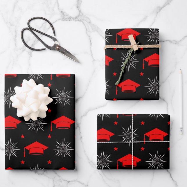 Black and Red Graduation Cap Pattern Wrapping Paper Sheet (Front)