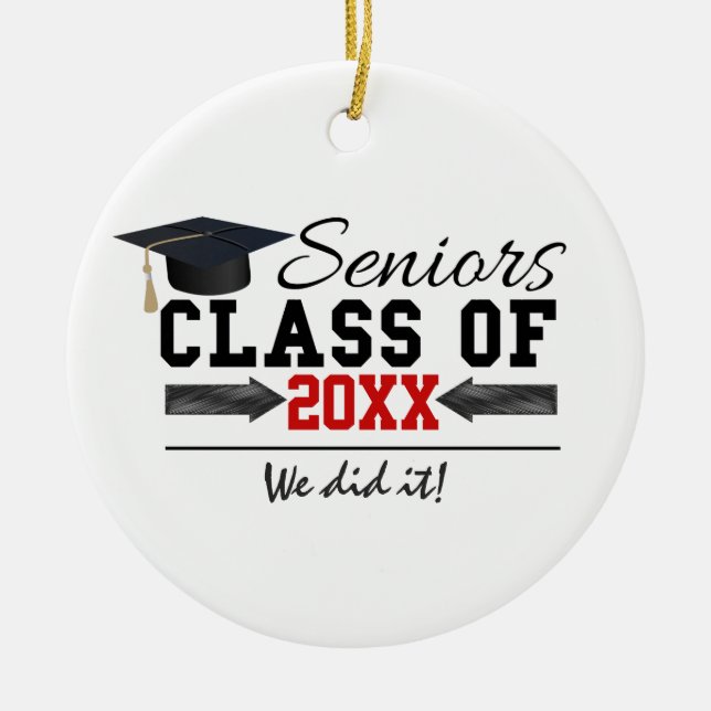 Black and Red Graduation Gear Ceramic Tree Decoration (Front)