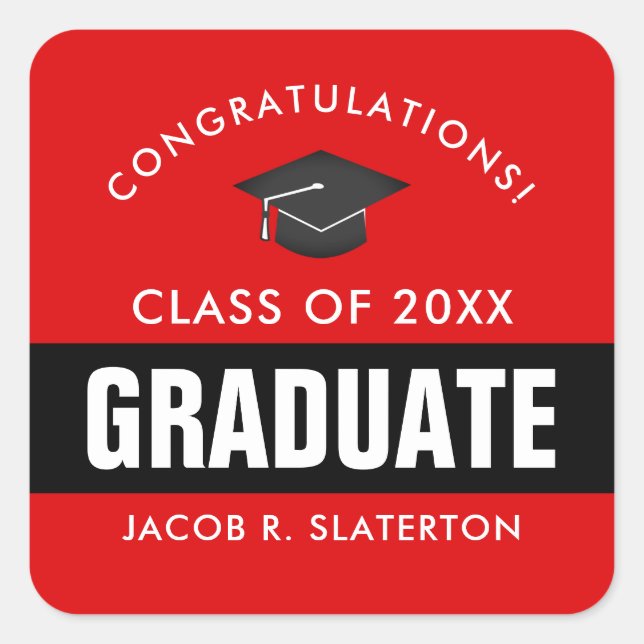 Black and Red Graduation Personalised Square Sticker (Front)