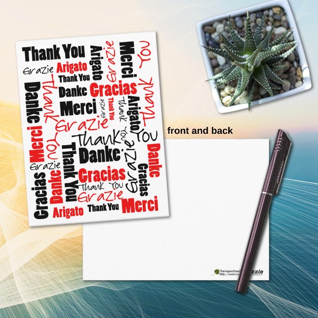 Black and Red Gratitude Word Cloud Postcard (Front and back red and black multilingual thank you typography post card.)