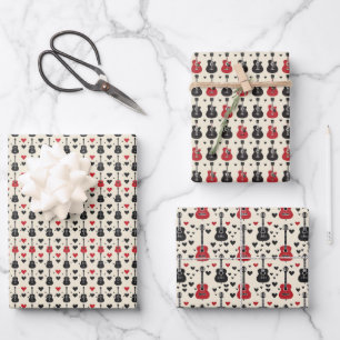 Black and Red Guitar Heart Pattern on Off-White Wrapping Paper Sheet