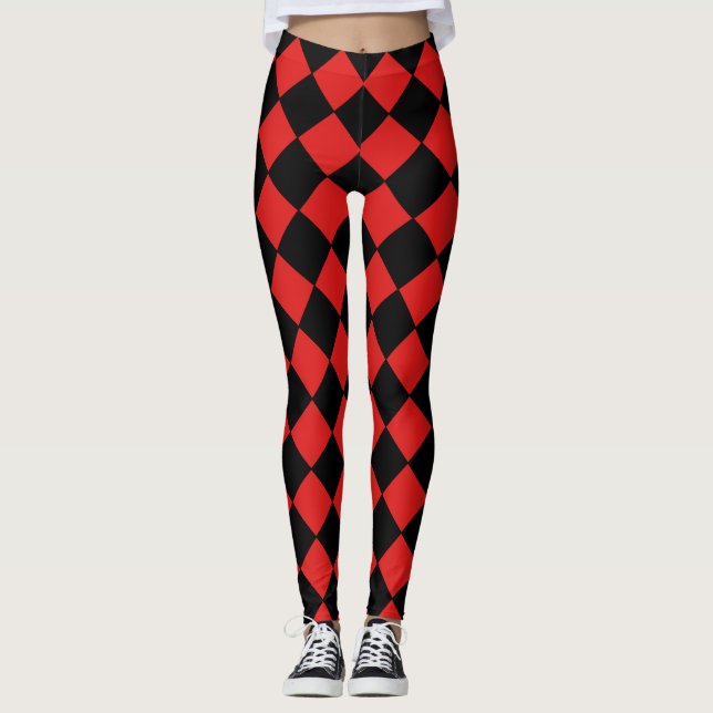 Black and Red Harlequin Diamond Checked Pattern Leggings (Front)