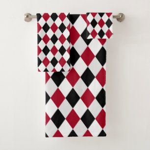 Black and Red Harlequin Diamond Pattern Bath  Towel Set