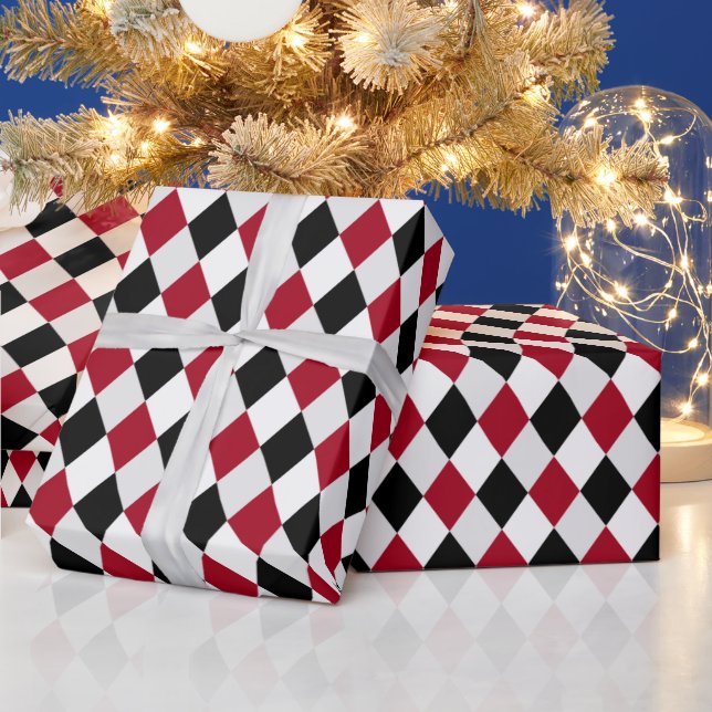 Black and Red Harlequin Diamond Pattern Wrapping Paper (Holidays)