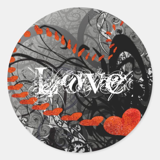 Black and Red Heart Swirls Classic Round Sticker (Front)
