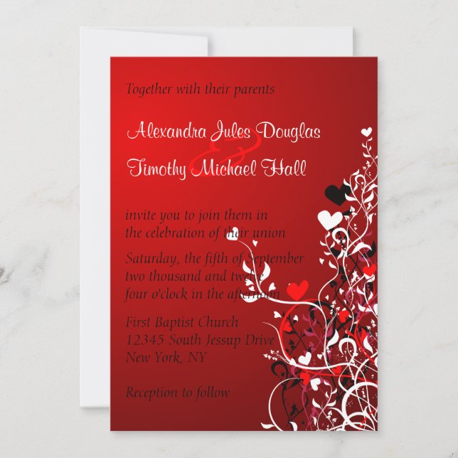 Black and red heart swirls wedding 5x7 invitation (Front)