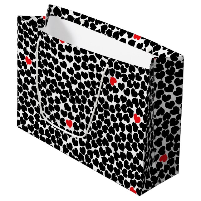 Black and Red Hearts on White Large Gift Bag (Front Angled)