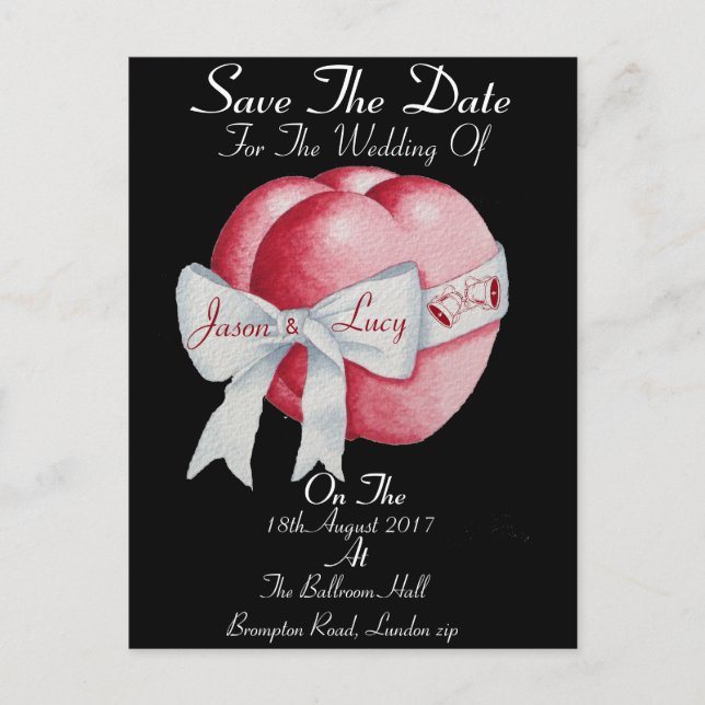 black and red hearts with white bow save the date announcement postcard (Front)