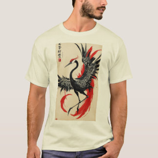 Black and Red Ink Crane T-Shirt - Chinese Style