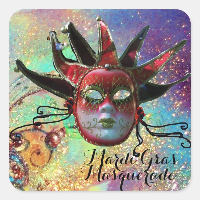 BLACK AND RED JESTER MASK IN BLUE Masquerade Party Square Sticker (Front)