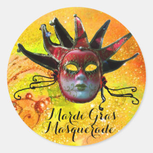 BLACK AND RED JESTER MASK IN YELLOW Masquerade Classic Round Sticker