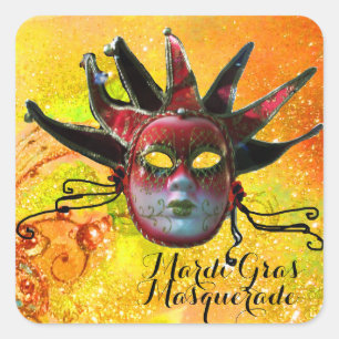 BLACK AND RED JESTER MASK IN YELLOW Masquerade Square Sticker