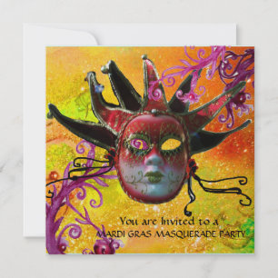 BLACK AND RED JESTER MASK , Masquerade Party Gold Invitation