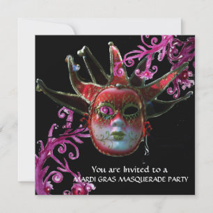 BLACK AND RED JESTER MASK , Masquerade Party Gold Invitation