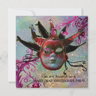 BLACK AND RED JESTER MASK , Masquerade Party Gold Invitation