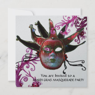 BLACK AND RED JESTER MASK ,Masquerade Party Silver Invitation