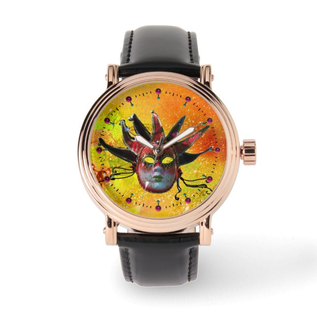 BLACK AND RED JESTER MASK  Masquerade Party Yellow Watch (Front)