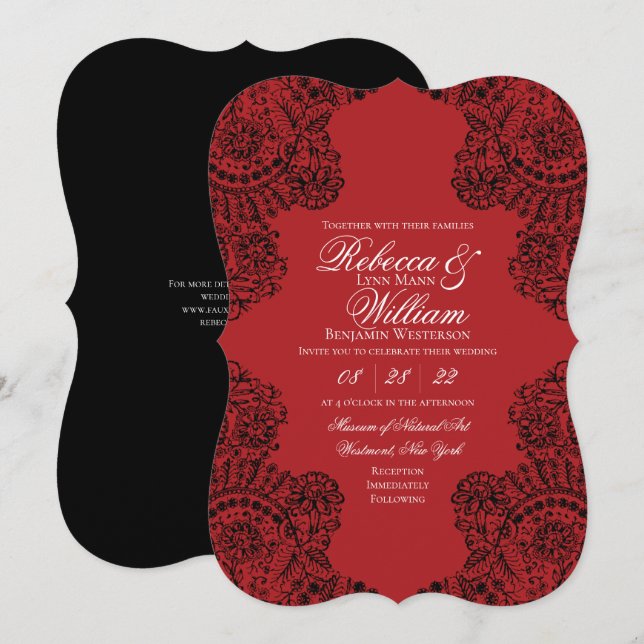 Black and Red Lace Elegant Gothic Wedding Invitation (Front/Back)