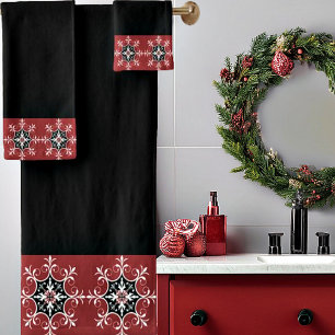 Black and red medallion bath towel set