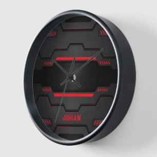 Black and red metallic geometric design clock