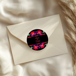 Black and Red Mexican Floral Fiesta Wedding  Classic Round Sticker