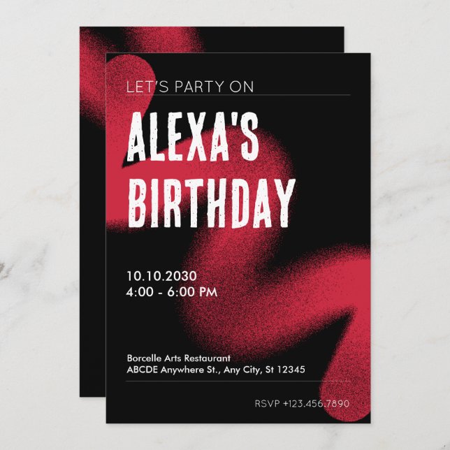 Black and Red Modern Grunge Modern Art Birthday Invitation (Front/Back)