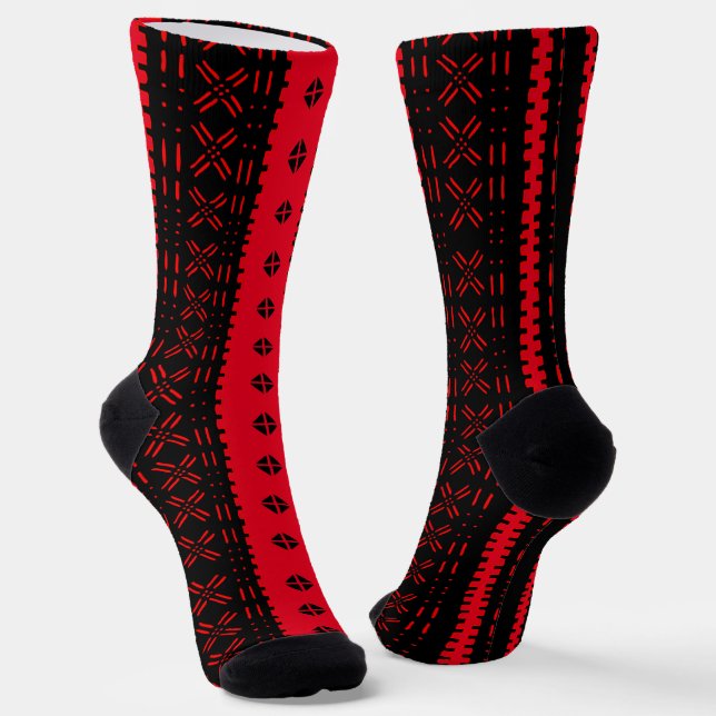 Black And Red Modern Mudcloth Fashion Socks (Angled)