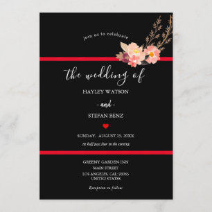 Black And Red Modern Watercolor Floral Wedding Invitation