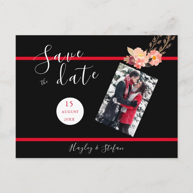 Black And Red Modern Wedding Save The Date Photo Invitation Postcard (Front)