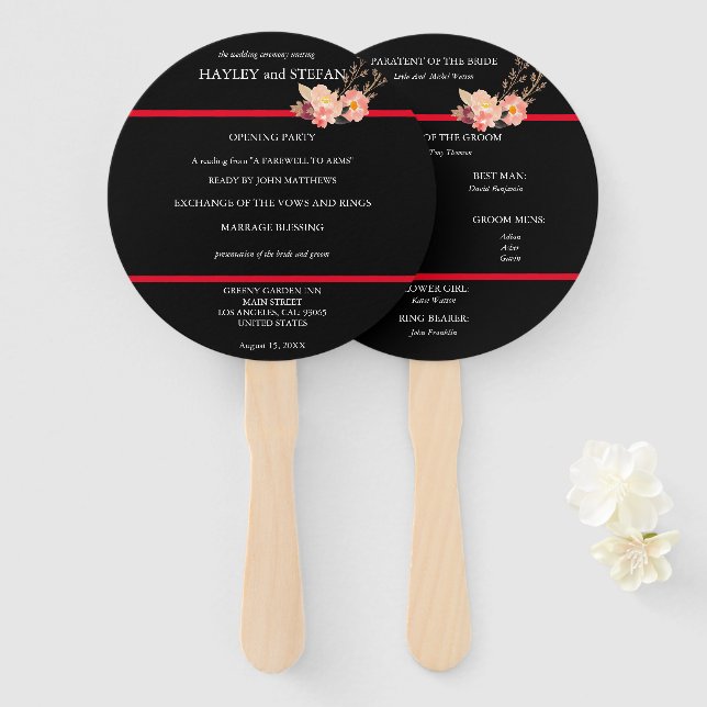 Black And Red Modern White Script Wedding Program Hand Fan (Front and Back)